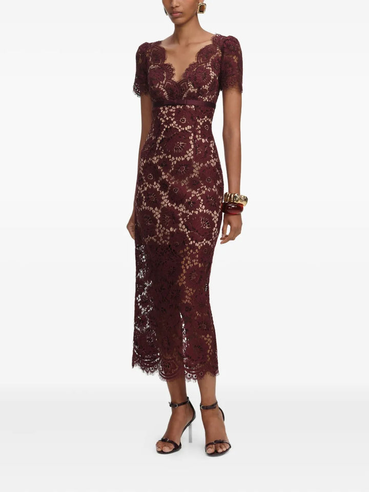 Burgundy Floral Lace Midi Dress