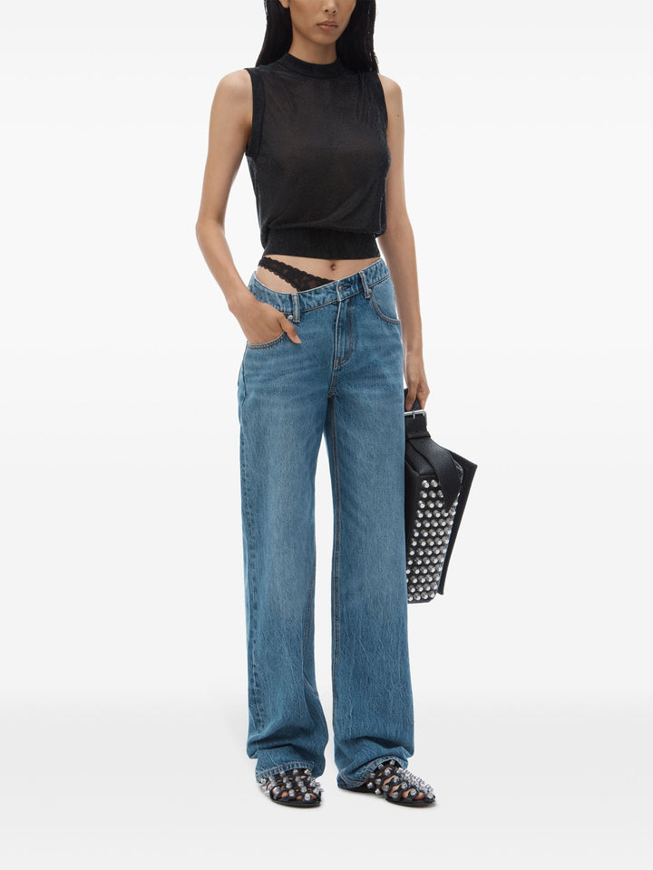 Pre-Styled Denim Jeans With Asymmetrical Lace Waistband