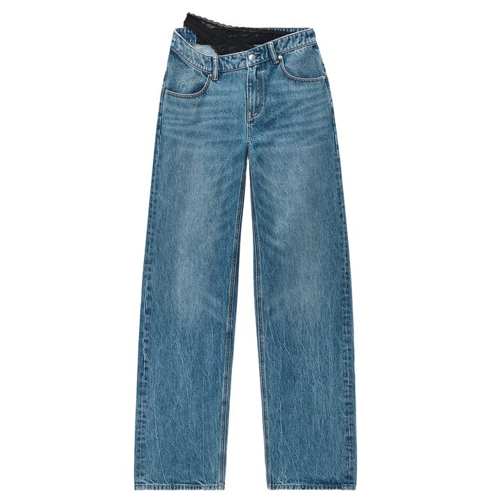Pre-Styled Denim Jeans With Asymmetrical Lace Waistband