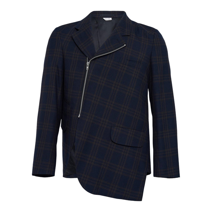Club21 - COMME des GARCONS HOMME DEUX - Wool Dark Check Asymmetrical Jacket - JACKETS - Navy