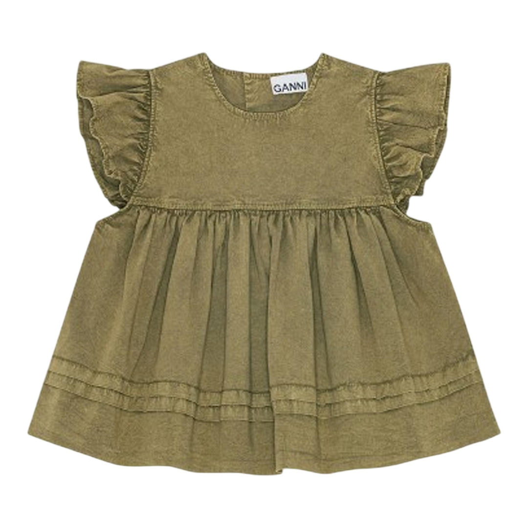 Club21 - GANNI - Washed Stretch Cotton Frill Sleeve Top - WOVEN TOPS - Green