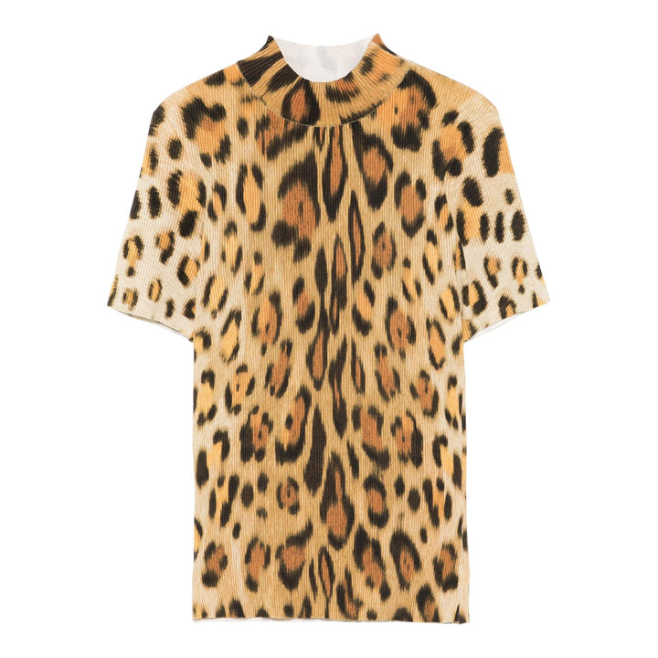 Club21 - Oscar de la Renta - Short Sleeve Jaguar Print Ribbed Top - KNIT TOPS - Beige