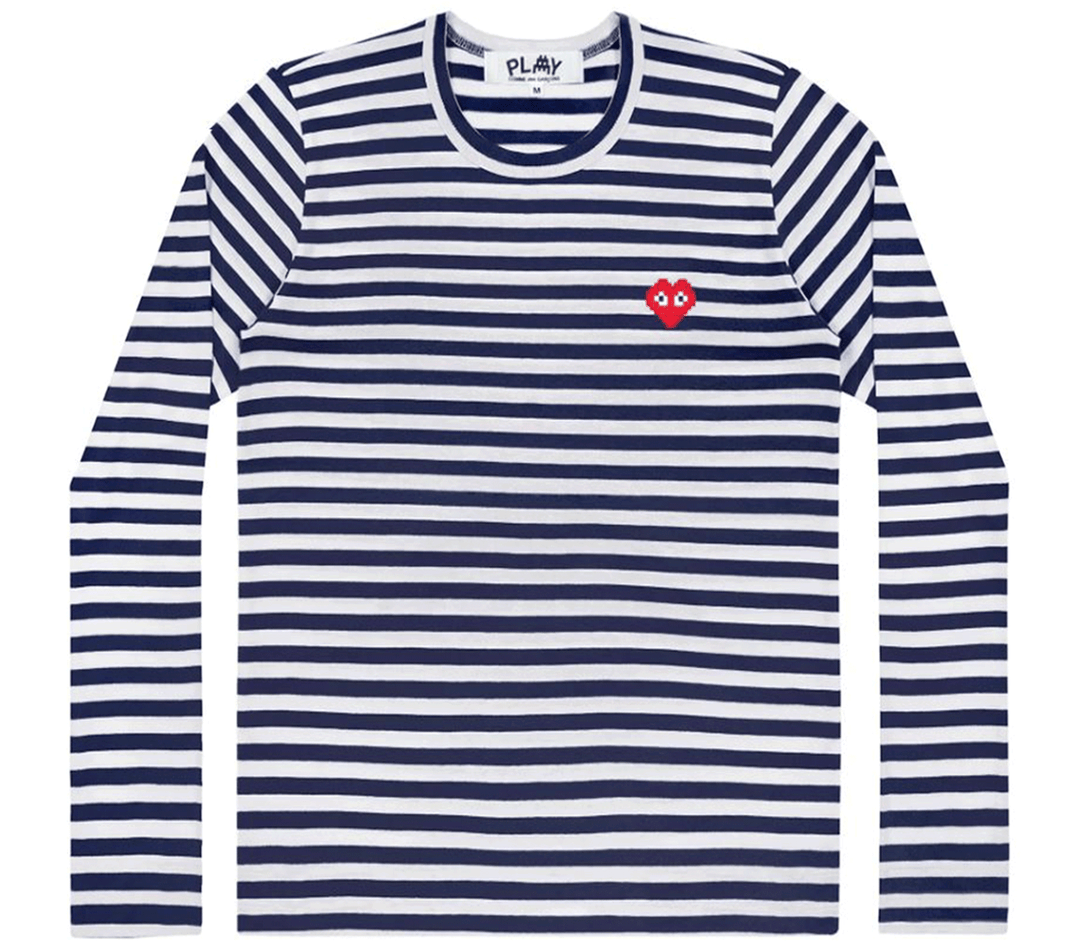 COMME-des-GARCONS-PLAY-Pixel-Red-Heart-Striped-Tee-Men-Navy-white-1