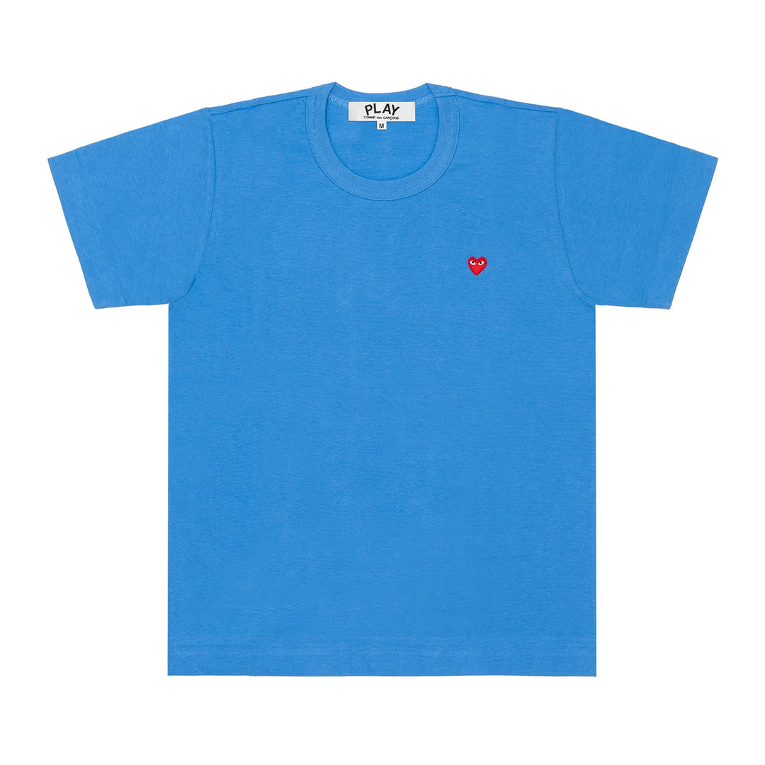 Comme des Garçons PLAY Small Red Heart Tee in bright blue with embroidered red heart logo on the chest, flat lay on white background