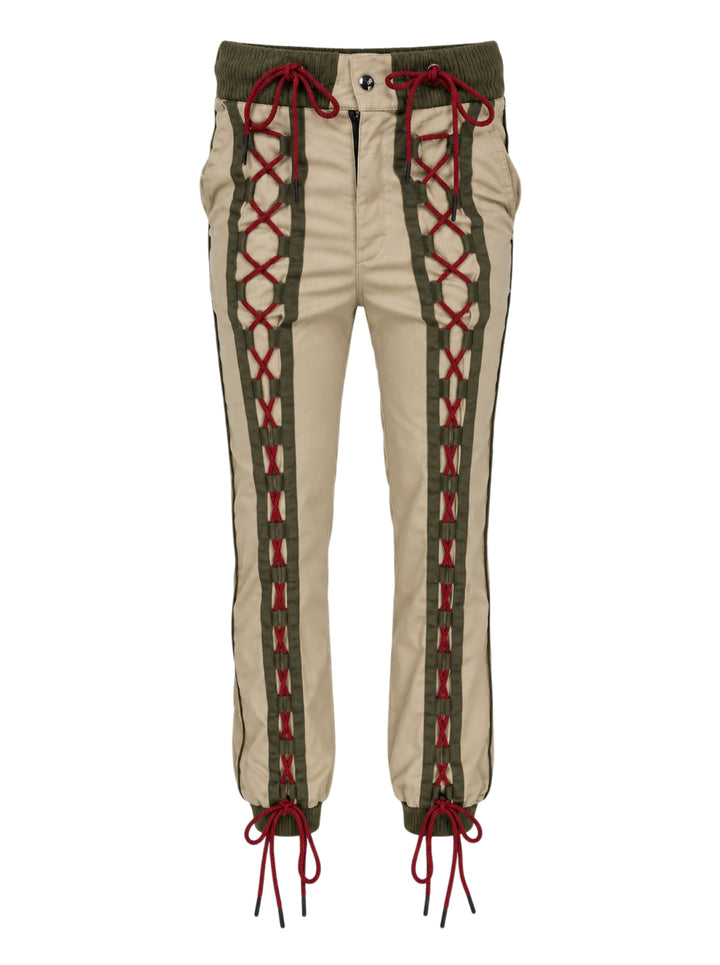 Youths In Balaclava unisex khaki flight pants with olive ribbed waistband and cuffs and red cord lacing down both legs