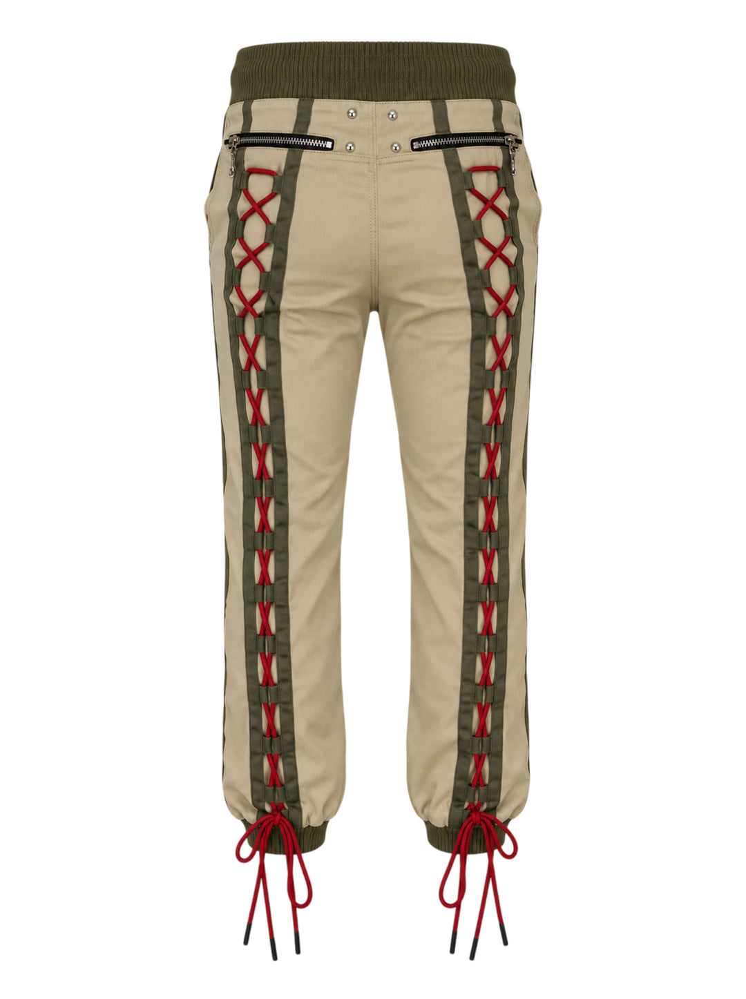 Youths In Balaclava unisex khaki flight pants with olive ribbed waistband and cuffs and red cord lacing down both legs - view 2