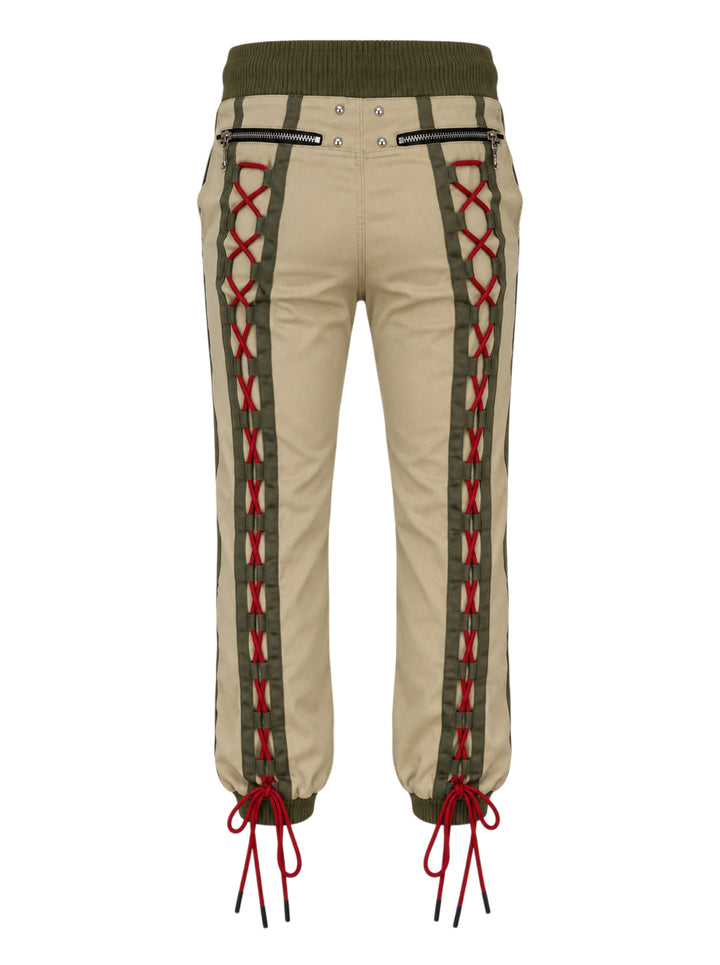 Youths In Balaclava unisex khaki flight pants with olive ribbed waistband and cuffs and red cord lacing down both legs - view 2