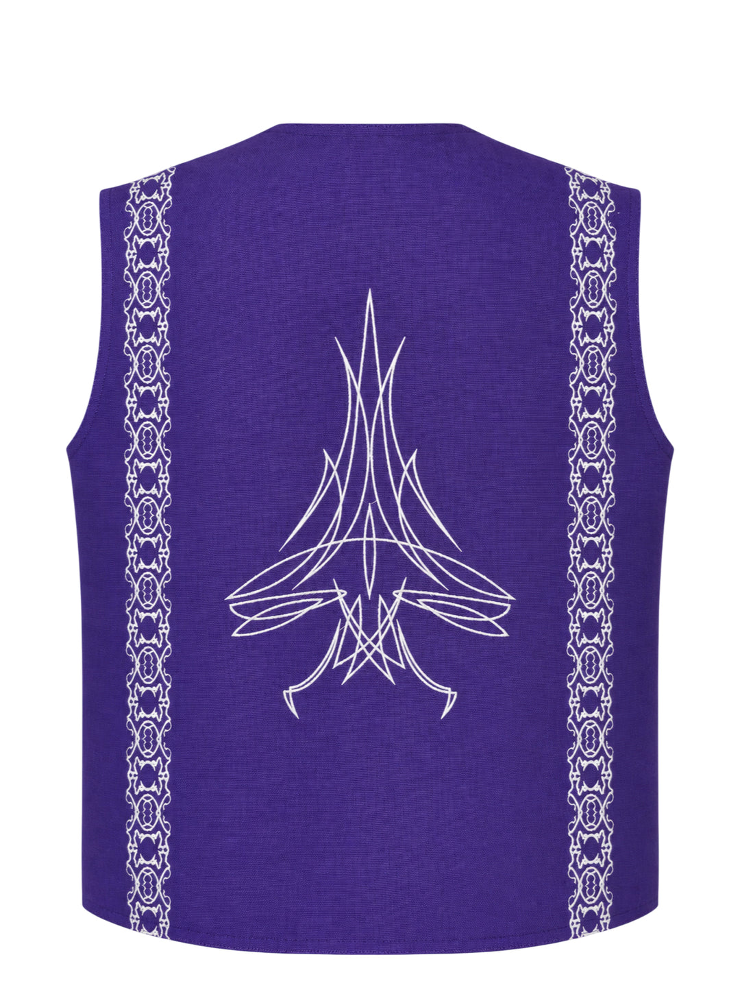 Youths in Balaclava purple canvas vest with cream pinstripe embroidery on the chest, arrow-shaped pockets and three metal buttons - view 2