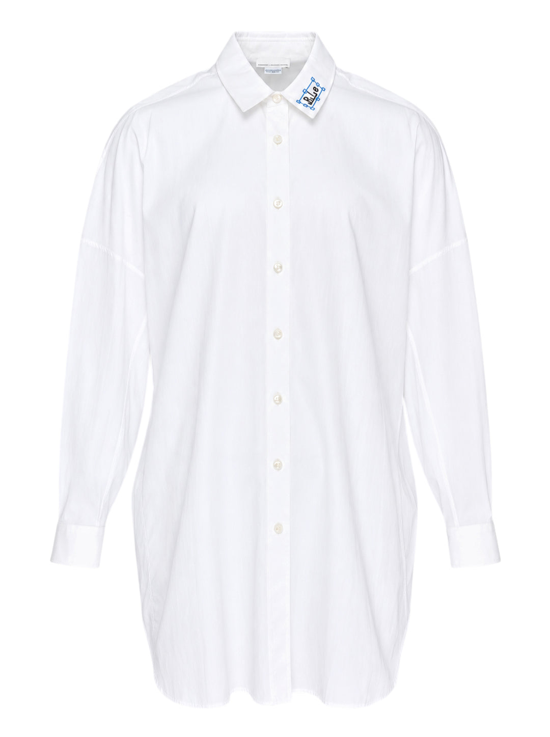 Random Identities oversized white long sleeve shirt dress with drop shoulders, button front and embroidered collar detail