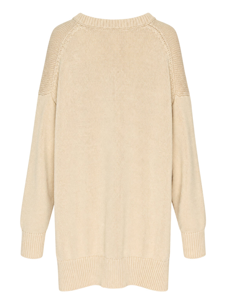 Niccolò Pasqualetti Lentezza oversized V-neck knit sweater in sand beige with ribbed trim, dropped shoulders and a high-low hem - view 2
