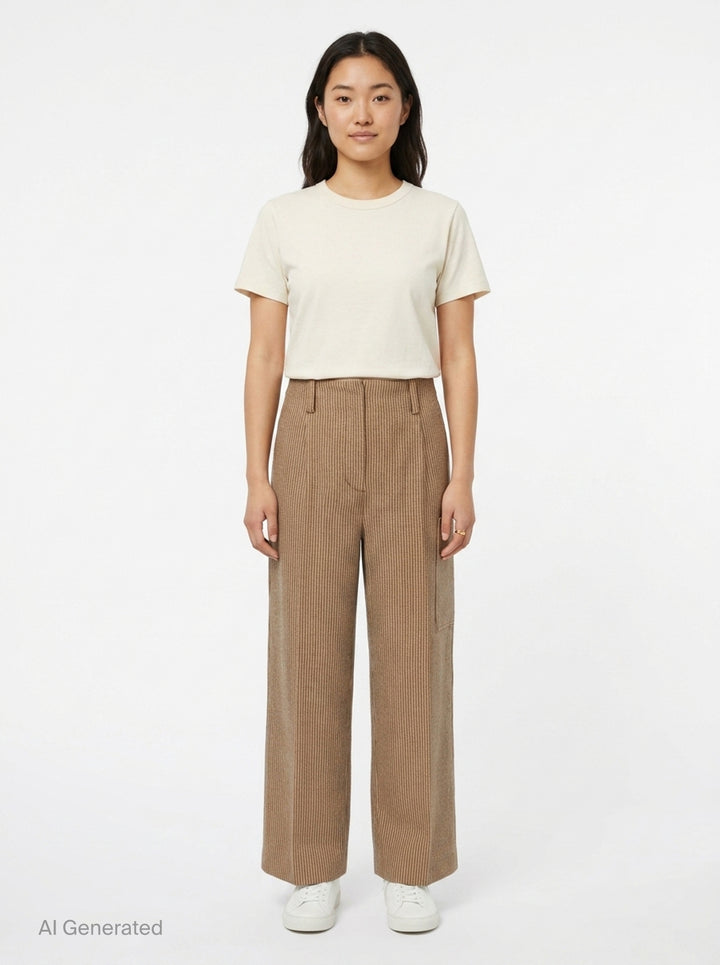 3.1 Phillip Lim Curved Tweed Wide-Leg Pants in micro houndstooth camel weave, featuring a high waist, belt loops, cargo patch pocket, and wide flared hem — rear product view on white background - front