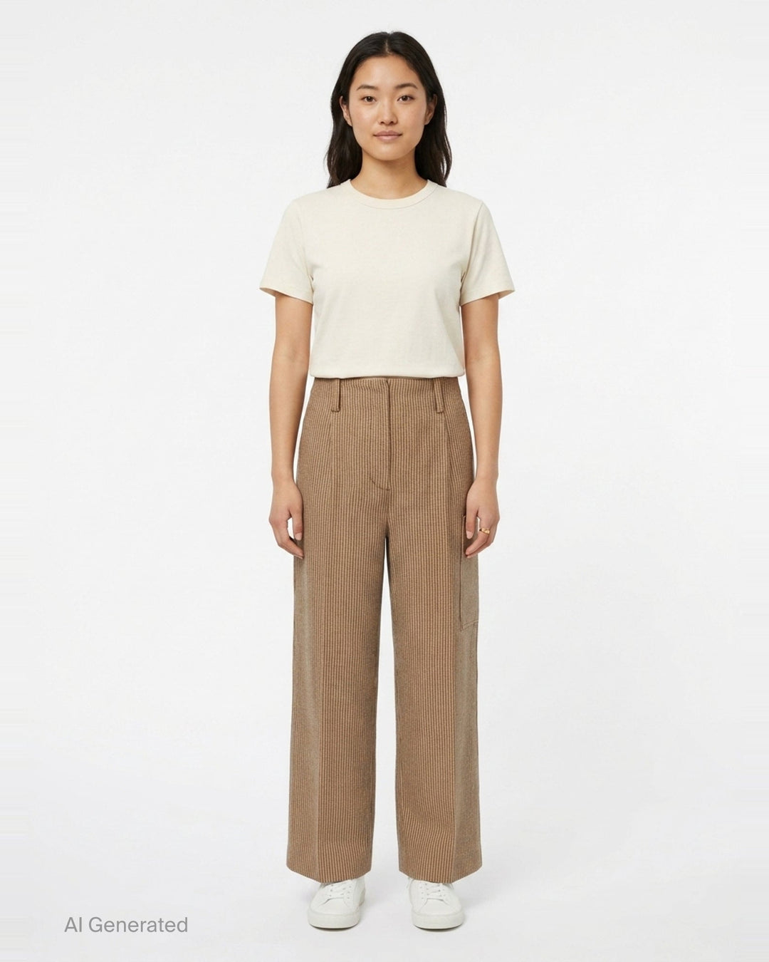 3.1 Phillip Lim Curved Tweed Wide-Leg Pants in micro houndstooth camel weave, featuring a high waist, belt loops, cargo patch pocket, and wide flared hem — rear product view on white background - front