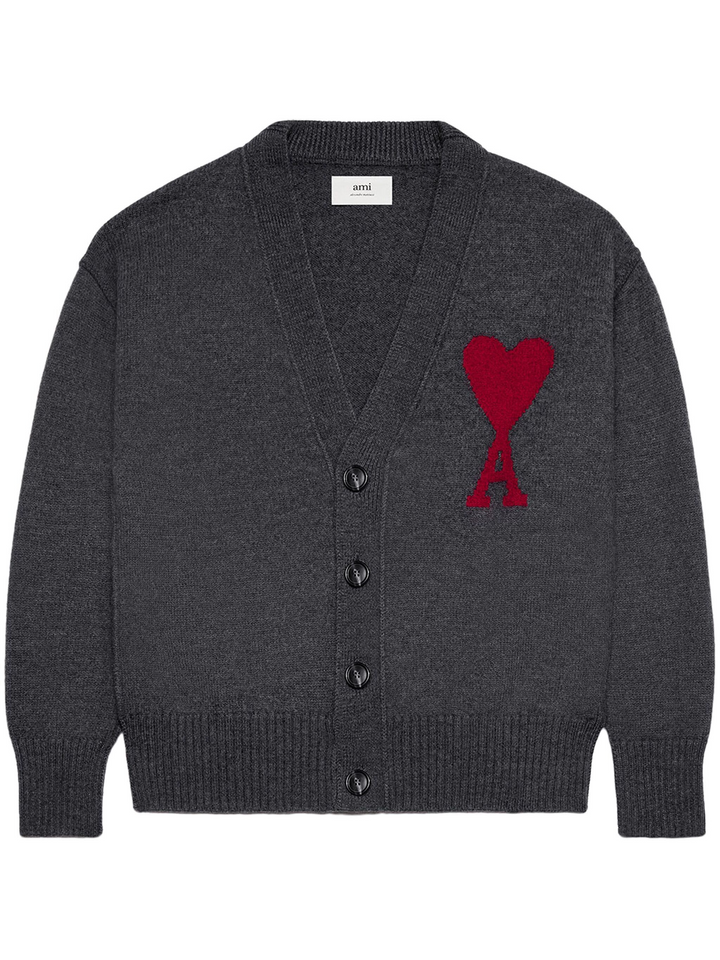 AMI de Coeur cream knit cardigan with red intarsia heart-and-A logo on chest, V-neckline and button front closure