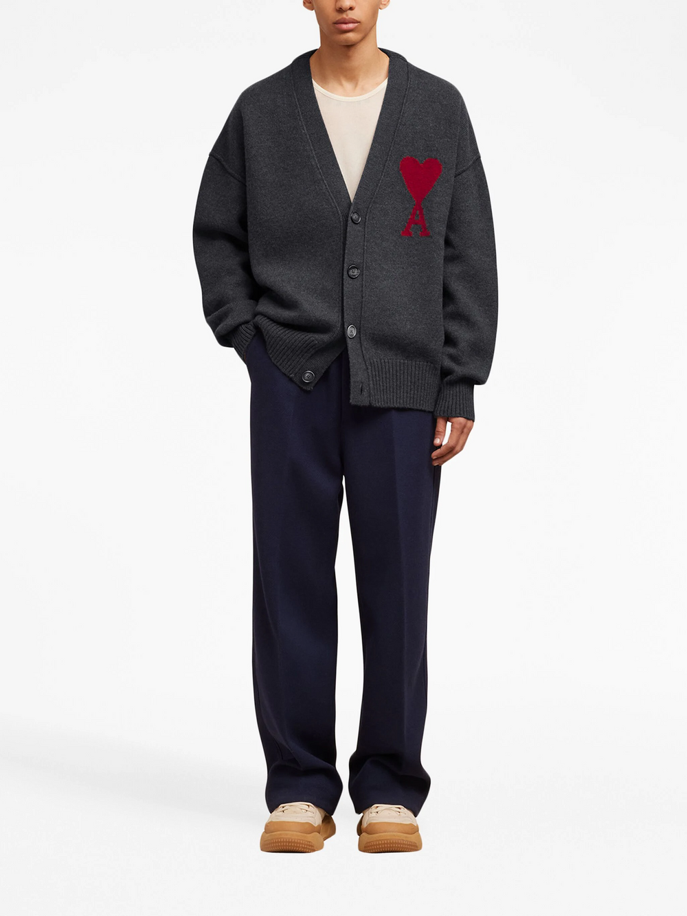 AMI de Coeur cream knit cardigan with red intarsia heart-and-A logo on chest, V-neckline and button front closure
