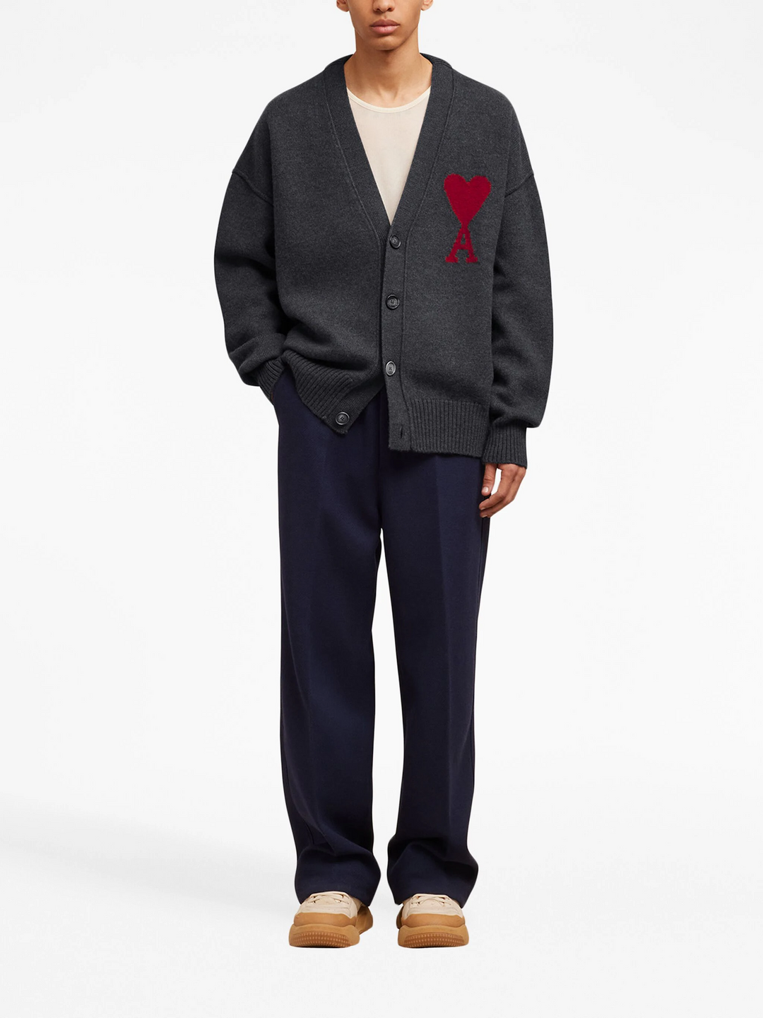 AMI de Coeur cream knit cardigan with red intarsia heart-and-A logo on chest, V-neckline and button front closure