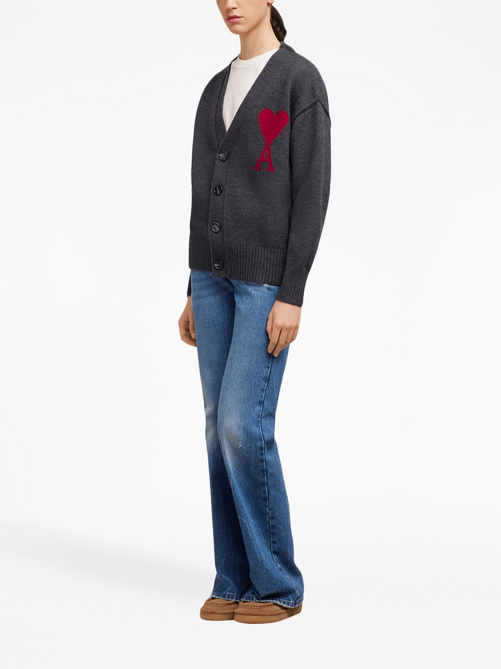AMI de Coeur cream knit cardigan with red intarsia heart-and-A logo on chest, V-neckline and button front closure