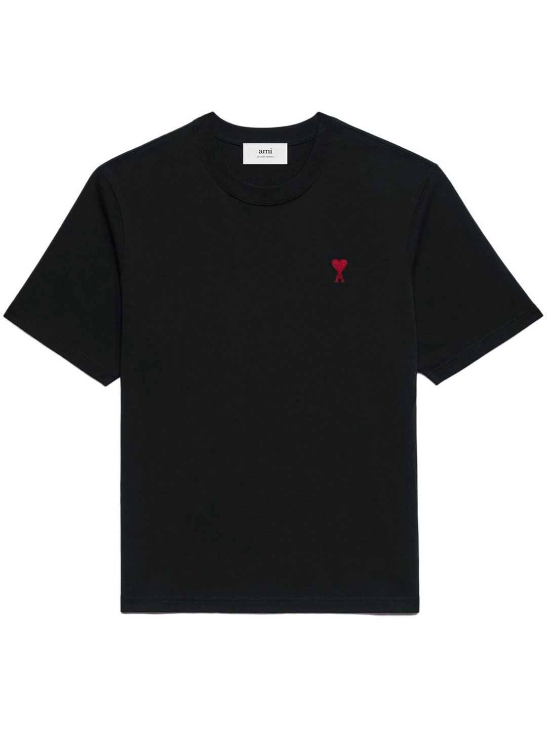 AMI Paris De Coeur Boxy Fit T-Shirt in black with red embroidered heart logo on chest, flat lay on white background