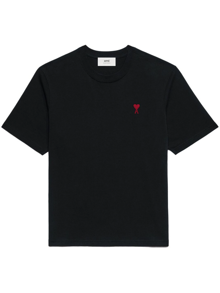 AMI Paris De Coeur Boxy Fit T-Shirt in black with red embroidered heart logo on chest, flat lay on white background
