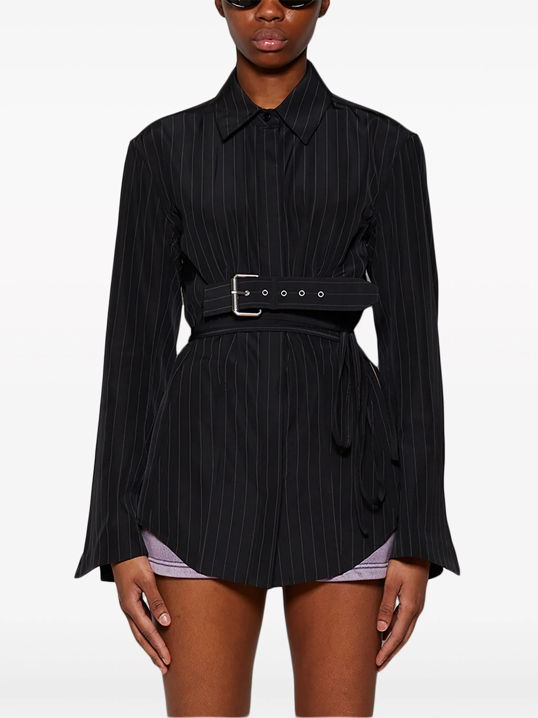 Long Sleeve Belted Shirt In Pinstripe Wool