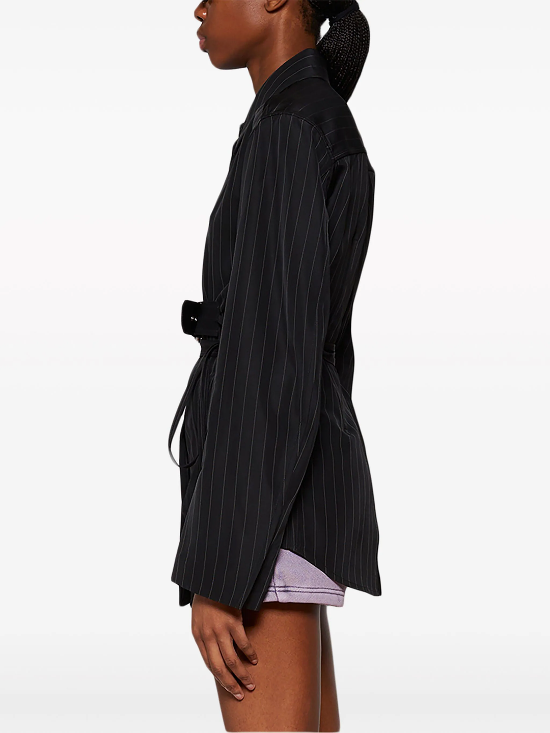 Long Sleeve Belted Shirt In Pinstripe Wool