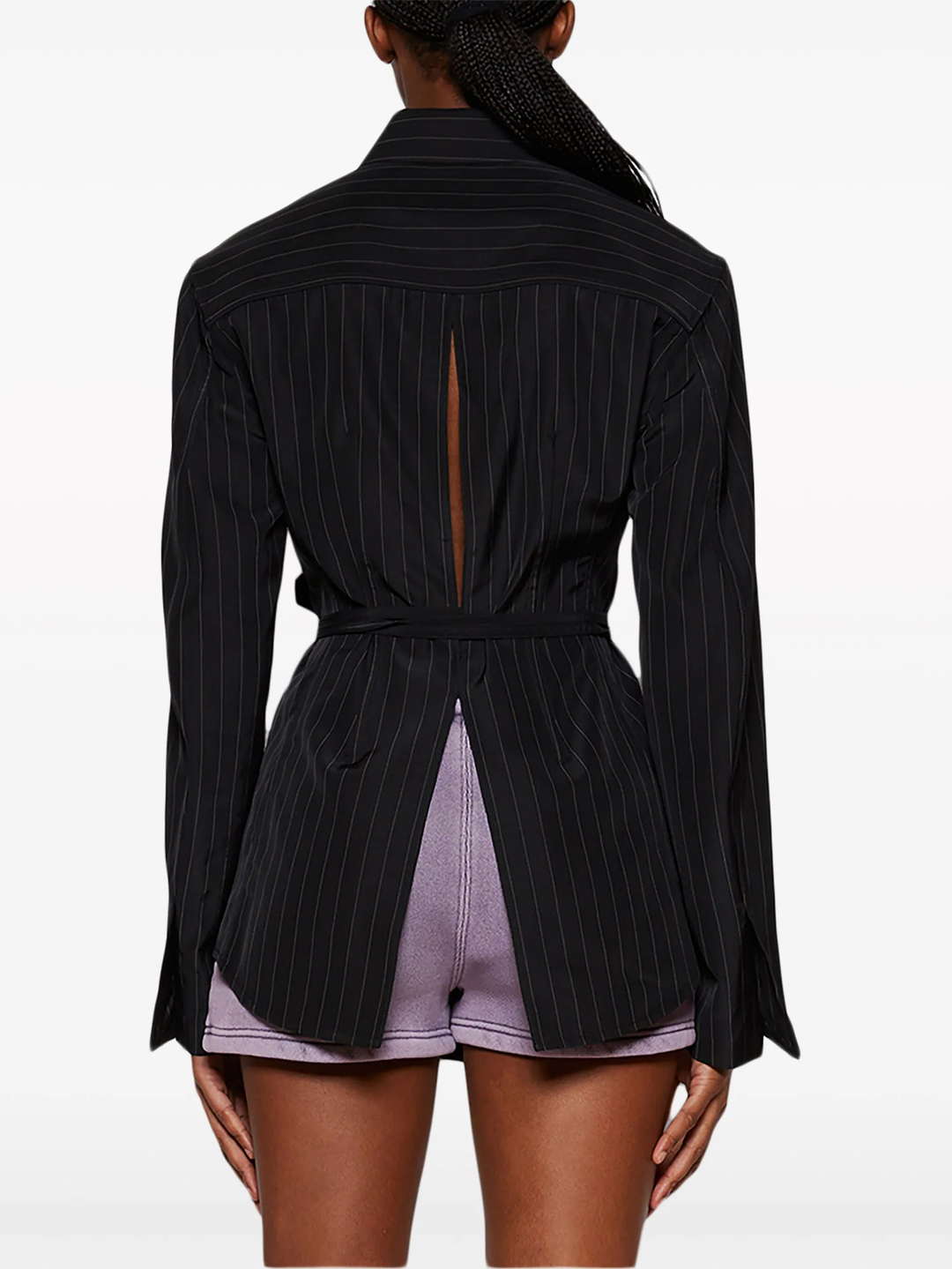 Long Sleeve Belted Shirt In Pinstripe Wool