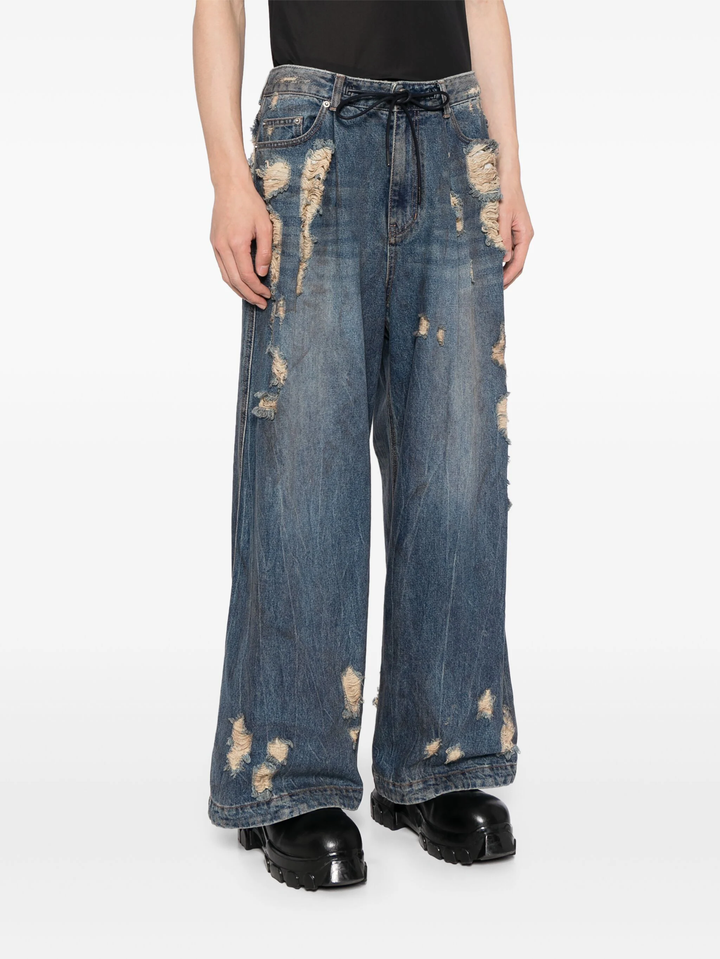 Oil-Washed Distressed Wide Denim Pants