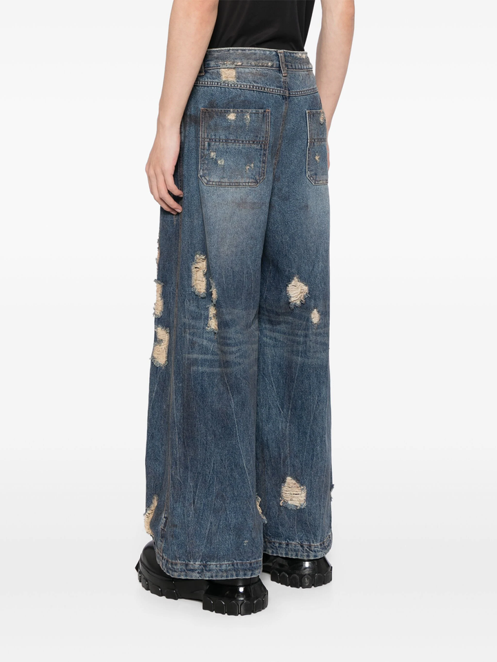 Oil-Washed Distressed Wide Denim Pants