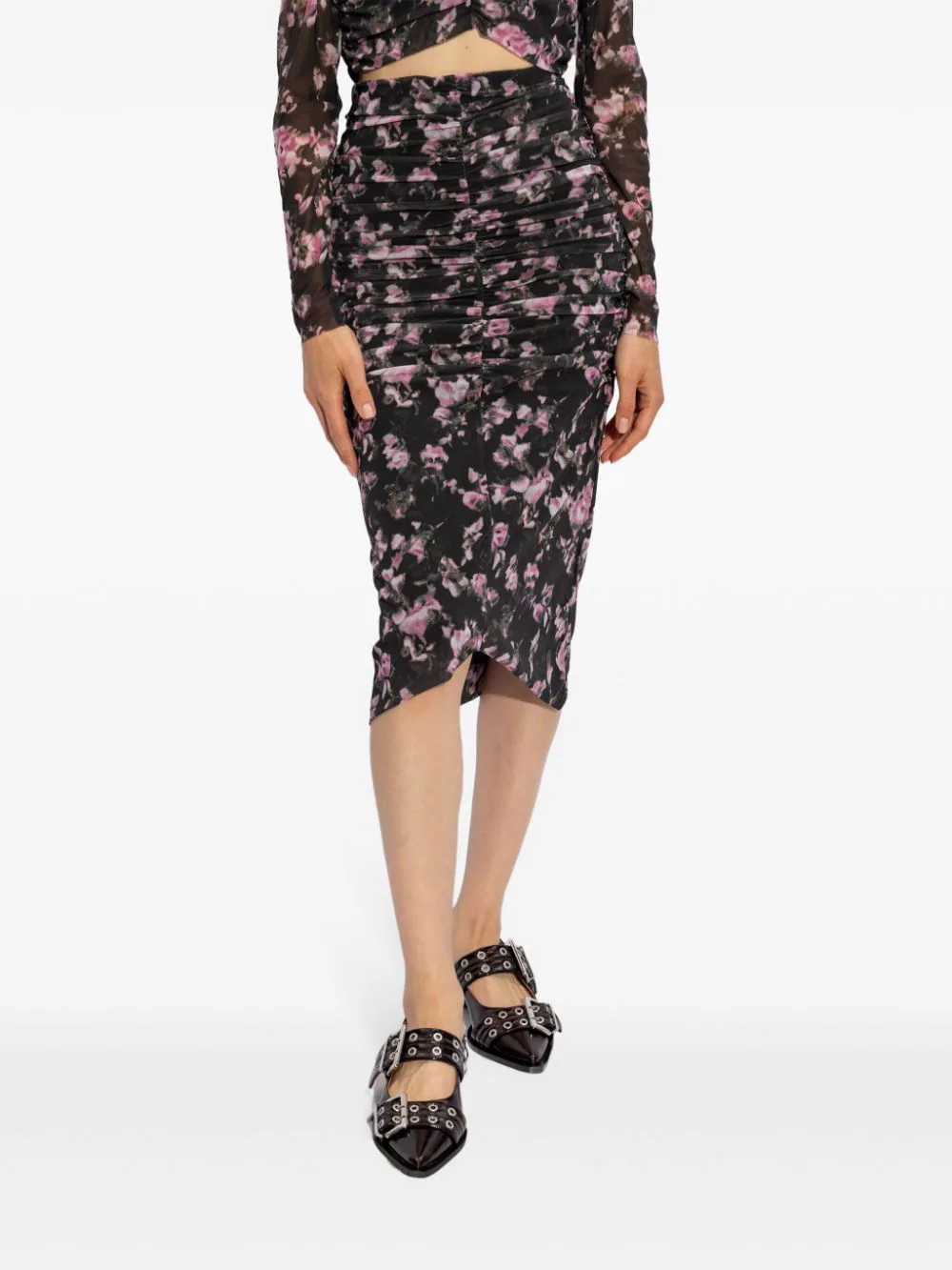 Printed Mesh Ruched Midi Skirt