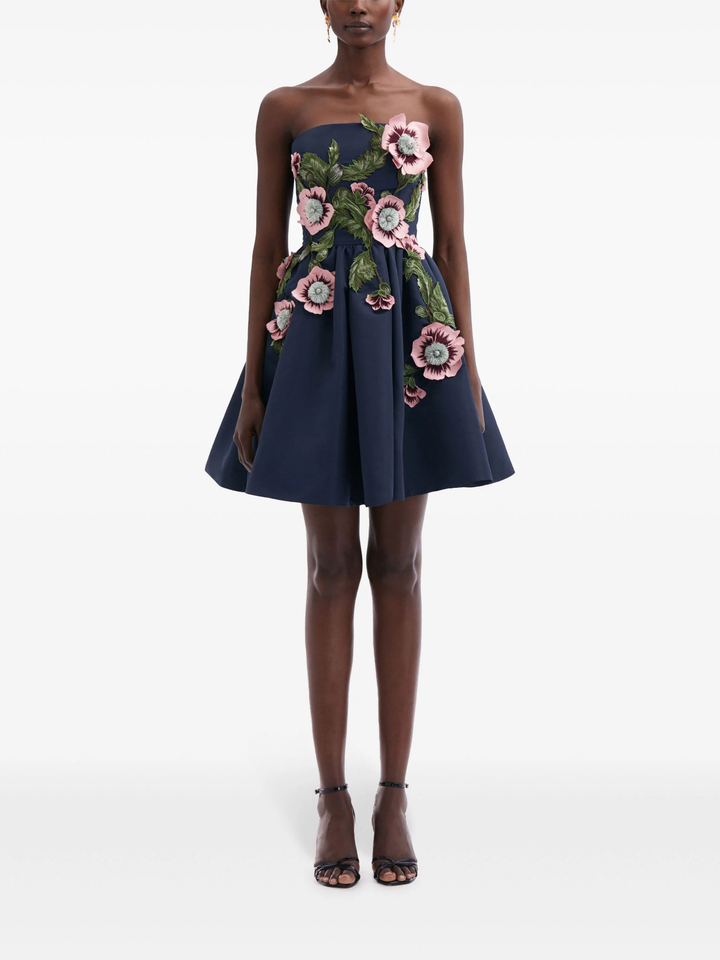 Strapless Hibiscus Embroidered Cocktail Dress