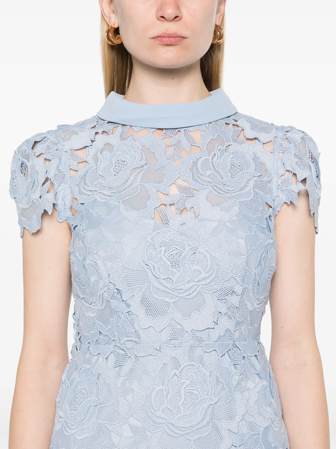 Blue Flower Lace Contrast Collar Midi Dress