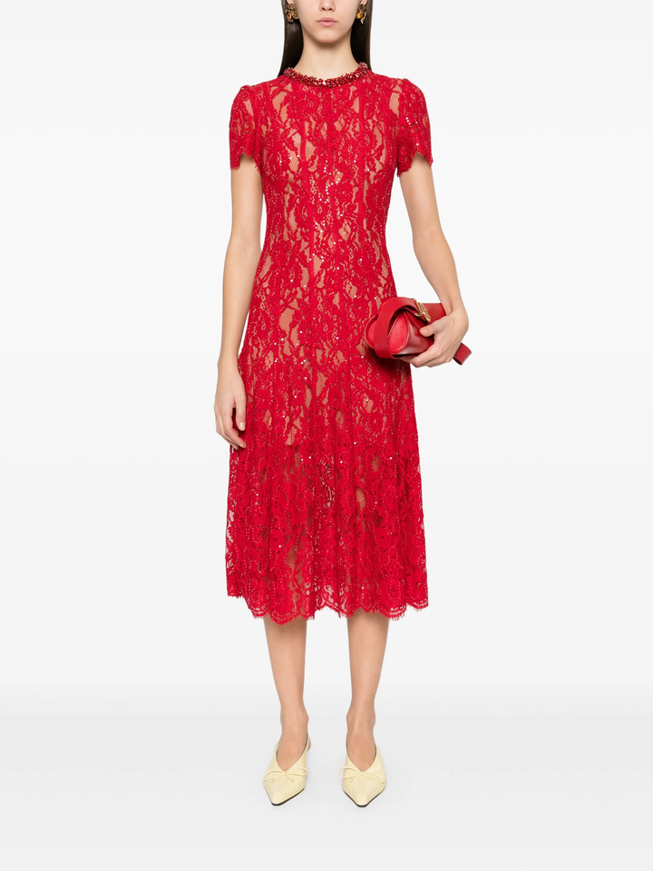Red Sequin Lace Midi Dress