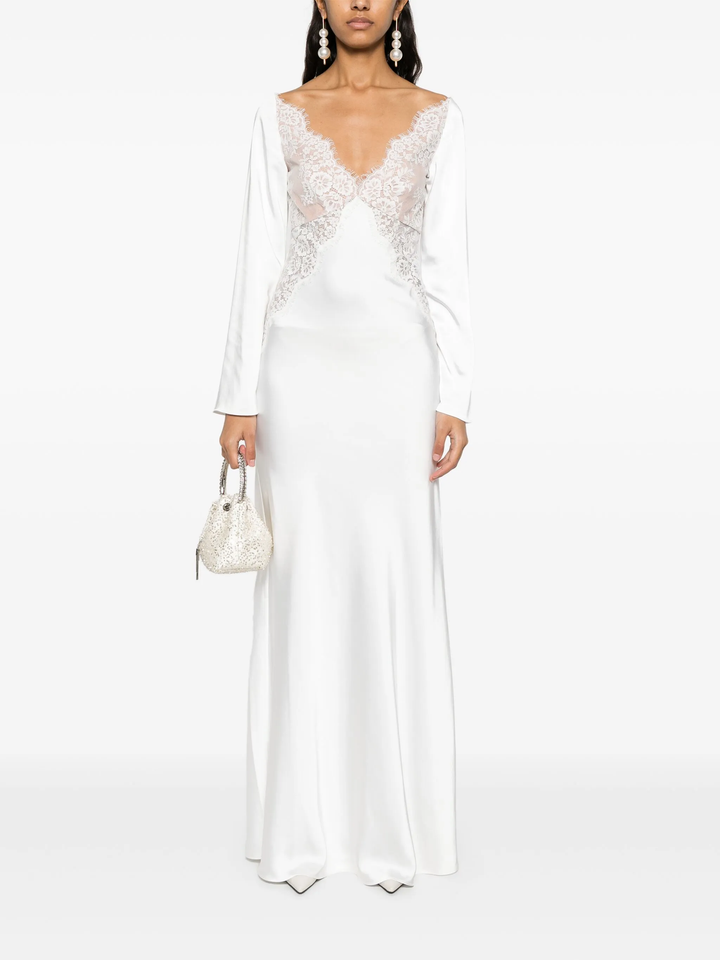 White Lace Satin Long Sleeve Dress