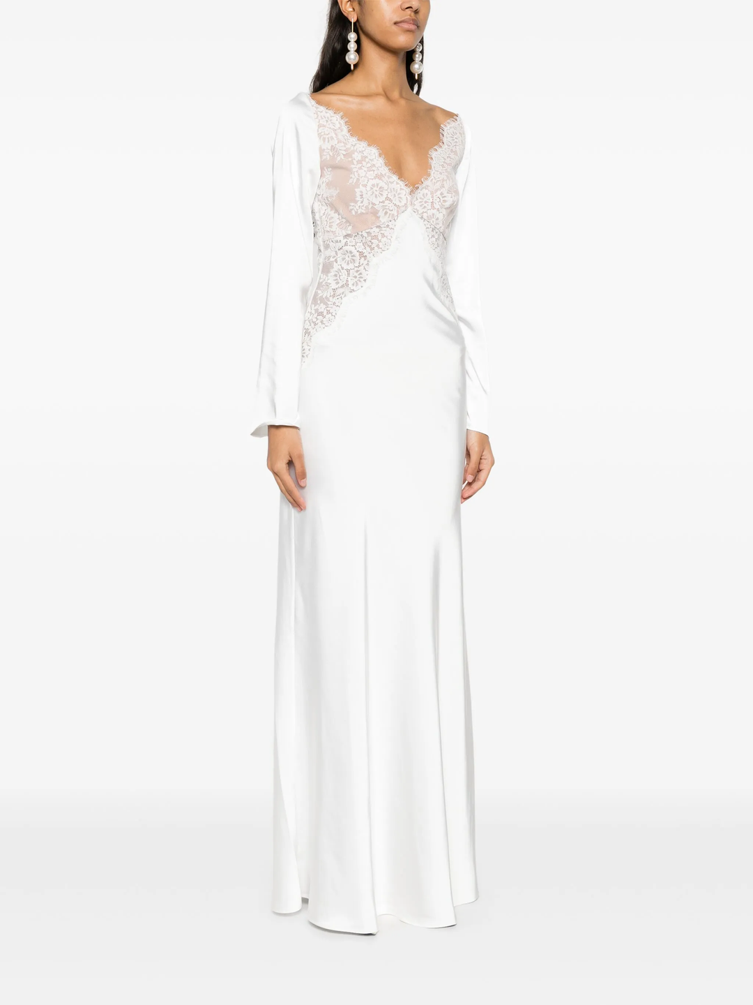 White Lace Satin Long Sleeve Dress