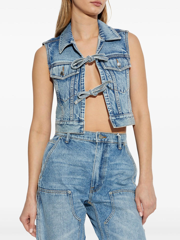 Clear Bead Hotfix Denim Vest With Tie Front