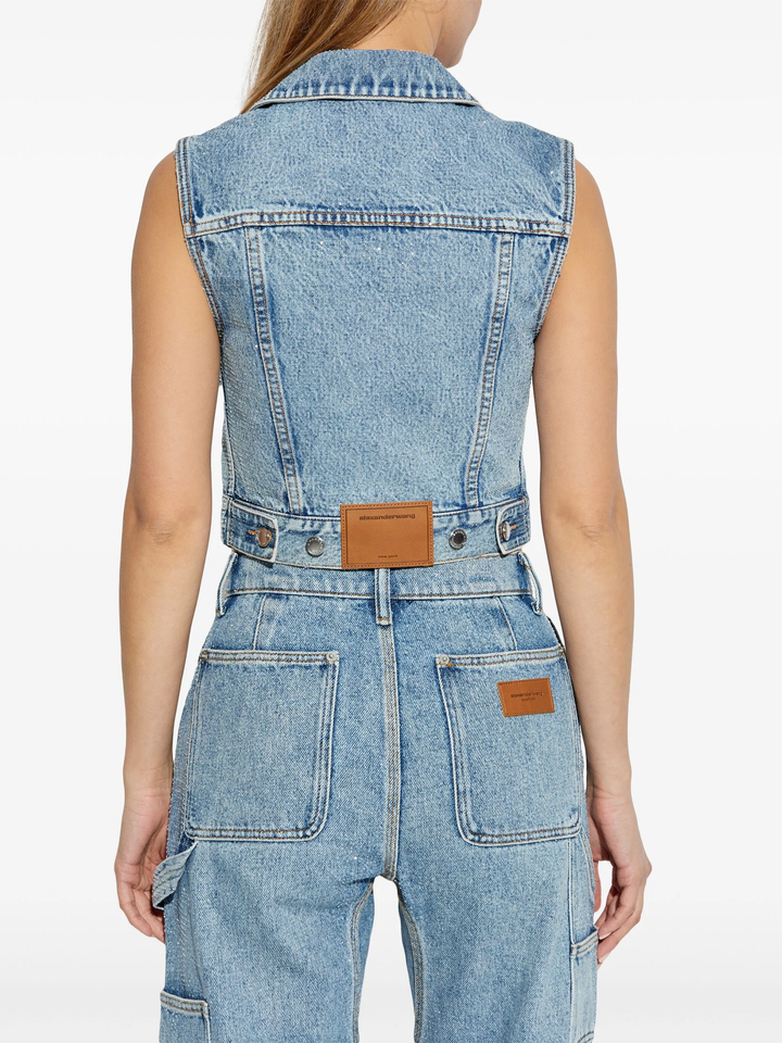 Clear Bead Hotfix Denim Vest With Tie Front