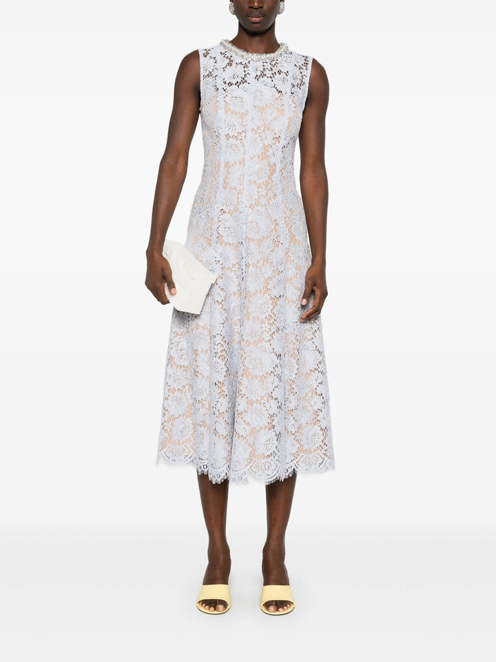 Blue Fine Lace Pearl Midi Dress