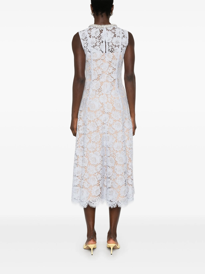 Blue Fine Lace Pearl Midi Dress