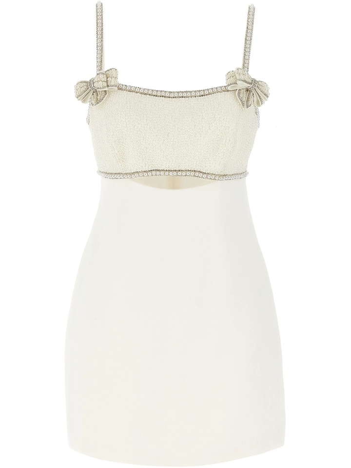 White Crepe Pearl Bow Mini Dress