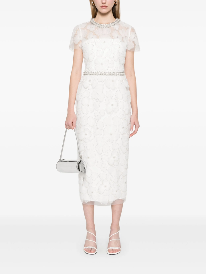 White Embellished Tulle Midi Dress