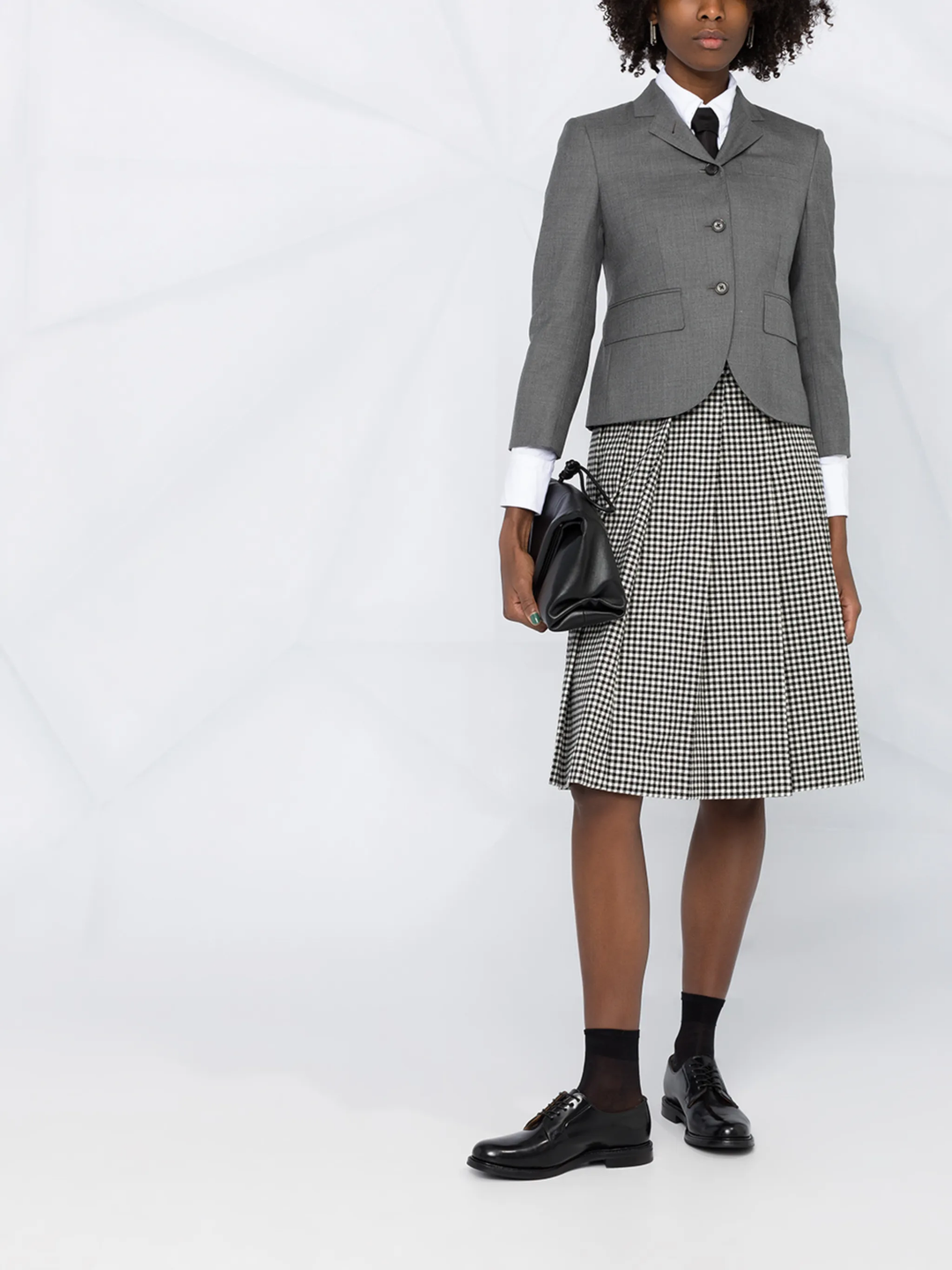 Thom Browne grey twill high armhole sport coat for women with three-button closure, notch lapels, and signature striped interior lining