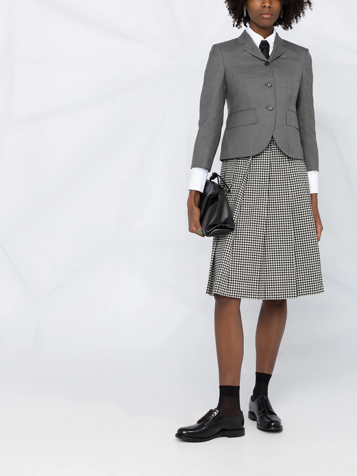 Thom Browne grey twill high armhole sport coat for women with three-button closure, notch lapels, and signature striped interior lining