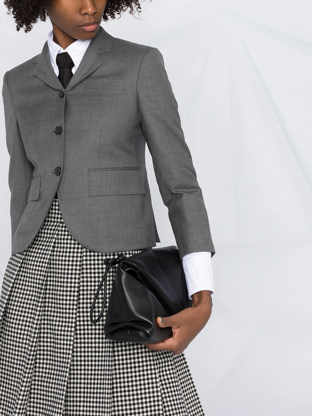 Thom Browne grey twill high armhole sport coat for women with three-button closure, notch lapels, and signature striped interior lining