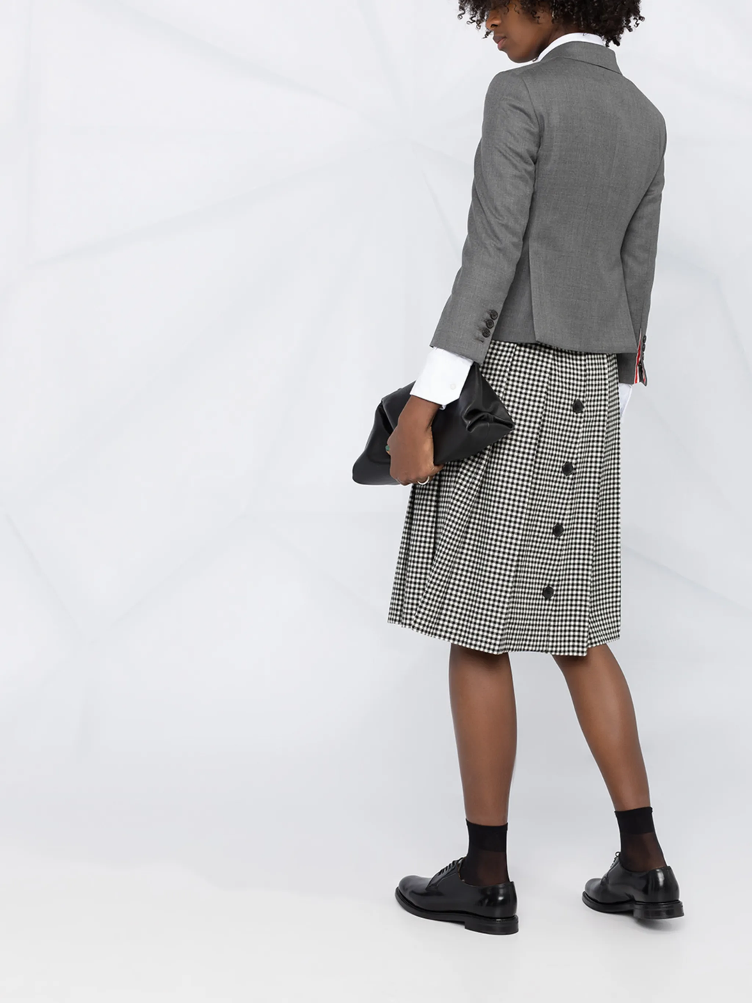 Thom Browne grey twill high armhole sport coat for women with three-button closure, notch lapels, and signature striped interior lining