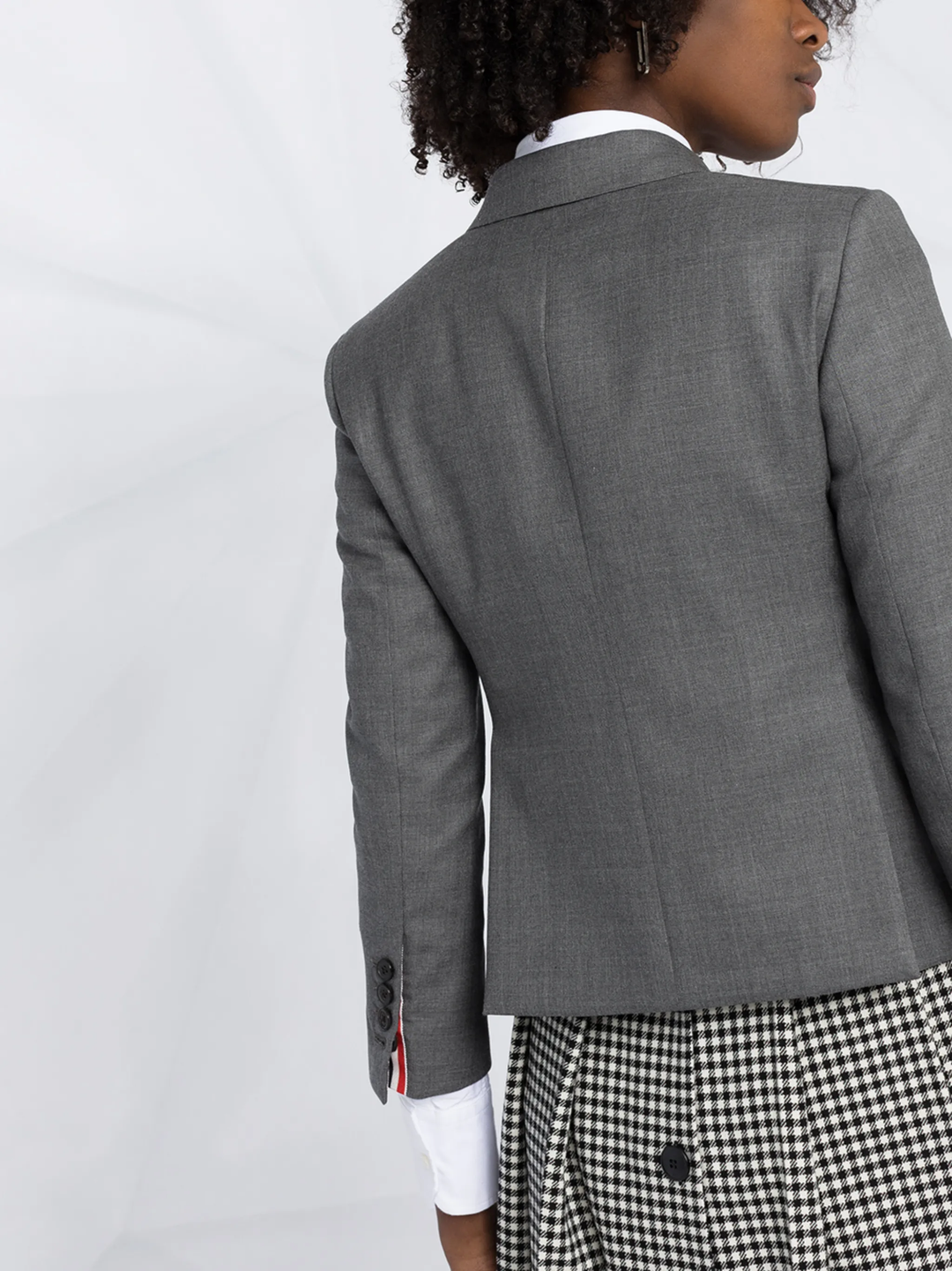 Thom Browne grey twill high armhole sport coat for women with three-button closure, notch lapels, and signature striped interior lining