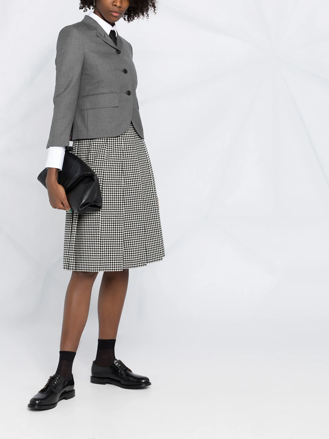 Thom Browne grey twill high armhole sport coat for women with three-button closure, notch lapels, and signature striped interior lining