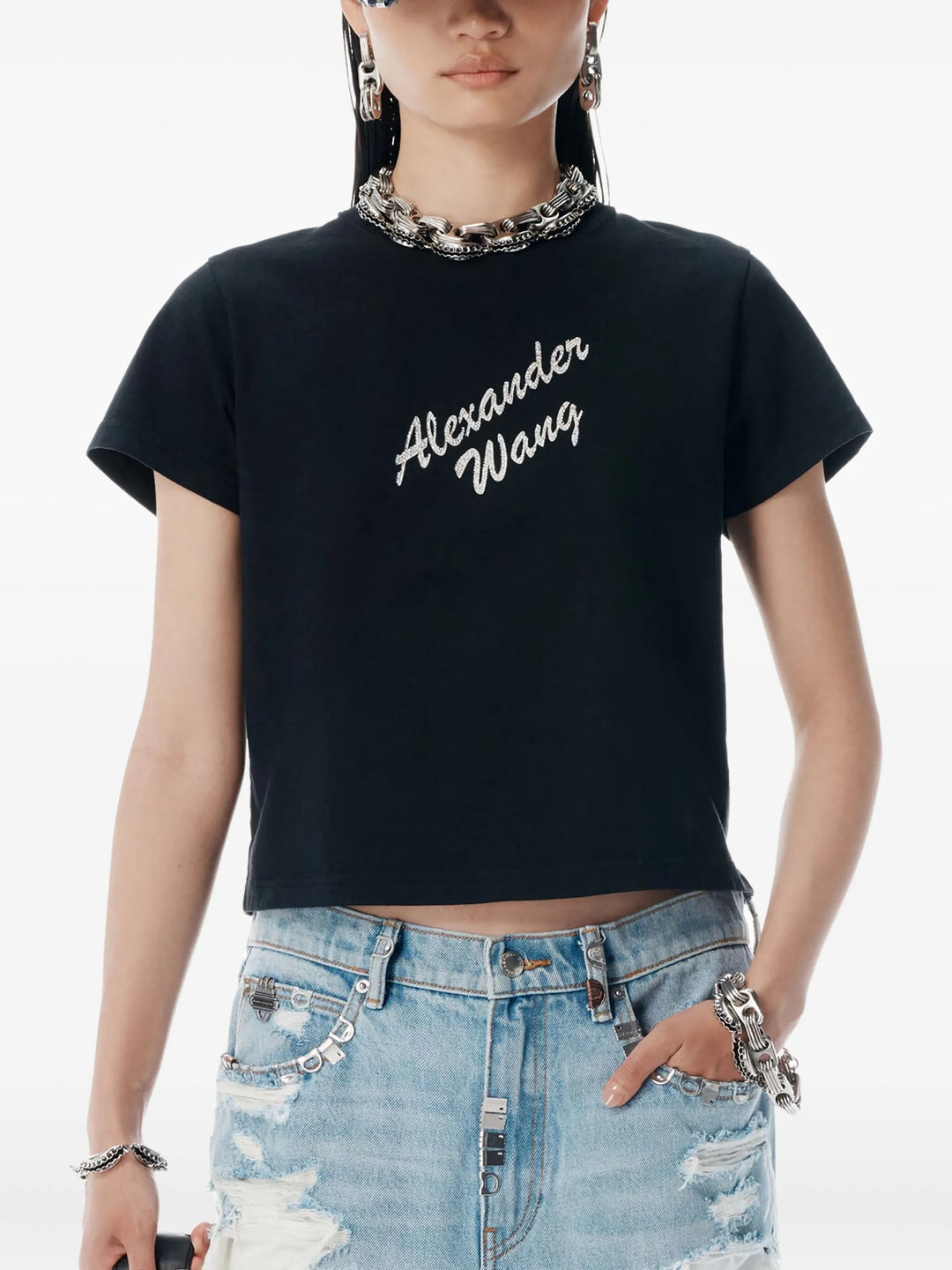 Crystal Rhinestone Cotton Logo T-Shirt