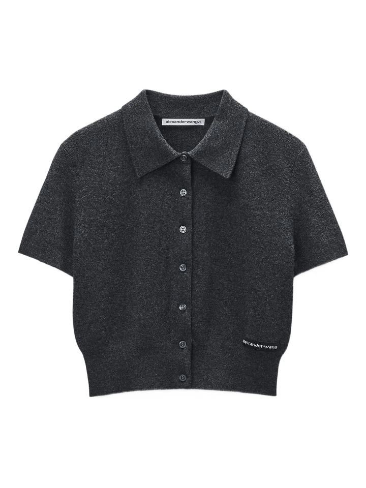 Short Sleeve Polo Cardigan With Knit Logo