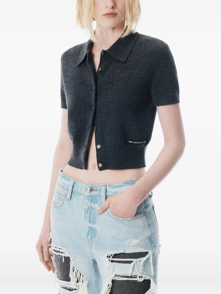 Short Sleeve Polo Cardigan With Knit Logo