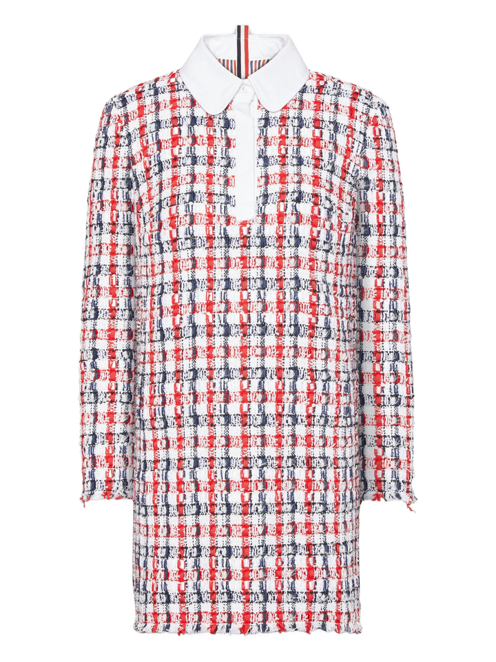 Gingham Satin Ribbon Tweed Shift Dress