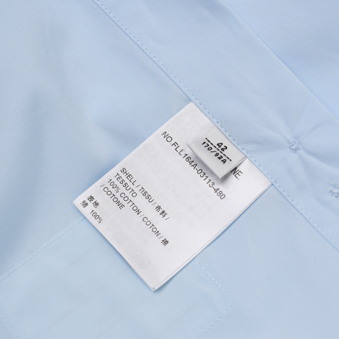 Thom Browne white cropped round collar long-sleeve button-down shirt with chest pocket and brand label tab
